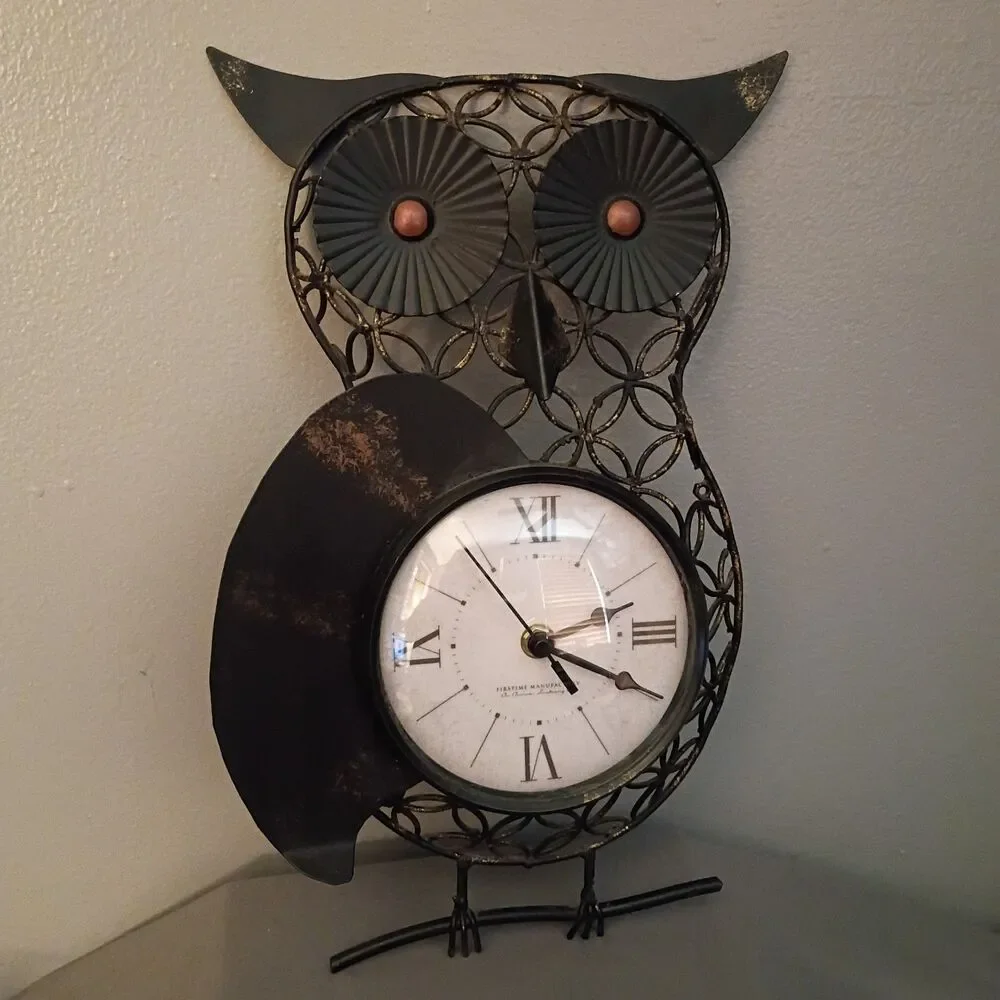 Owl Wall Clock Metal Black with Gold Accents Tested & Working Retro Boho Chic